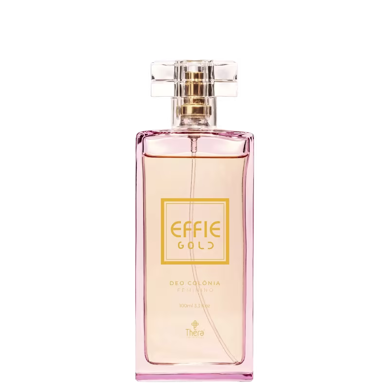 Perfume feminino em frasco retangular de vidro transparente com líquido rosa claro. Embalagem com tampa quadrada transparente. Nome "Effie Gold" em letras maiúsculas e texto "Deo Colonia Feminino" abaixo. Apresenta o logotipo "Thera" na parte inferior.