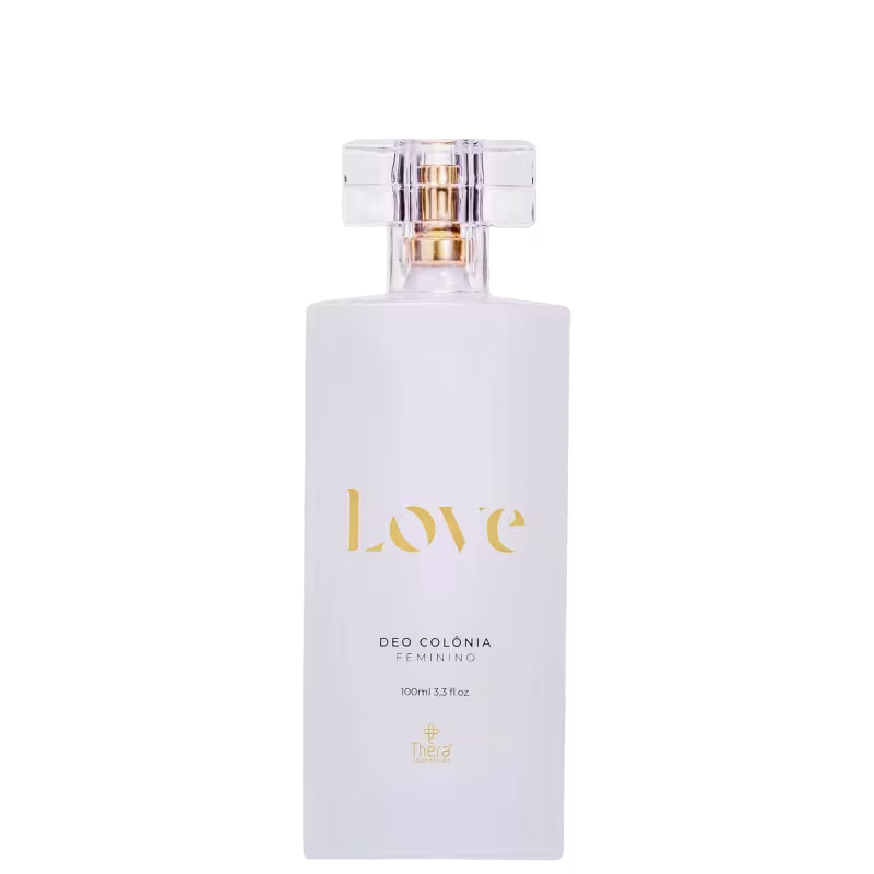 Perfume feminino em frasco retangular de vidro branco com tampa quadrada. A embalagem é branca com o nome "Love" em letras douradas na frente. Abaixo está escrito "Deo Colônia Feminino" e "100ml 3.3 fl oz". Há o logotipo da marca Thera Cosméticos.