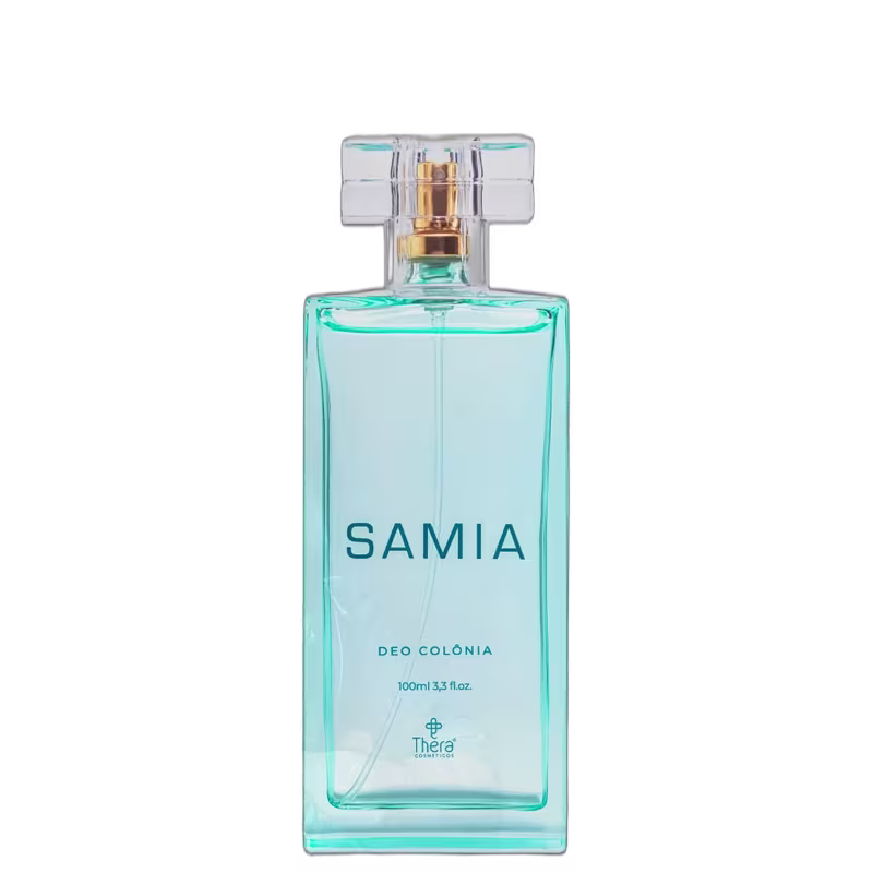Perfume Deo Colônia Samia da marca Thera Cosméticos. Frasco retangular de vidro transparente com líquido azul claro. Nome "SAMIA" em letras maiúsculas azuis e "Deo Colonia" abaixo em letras menores.
