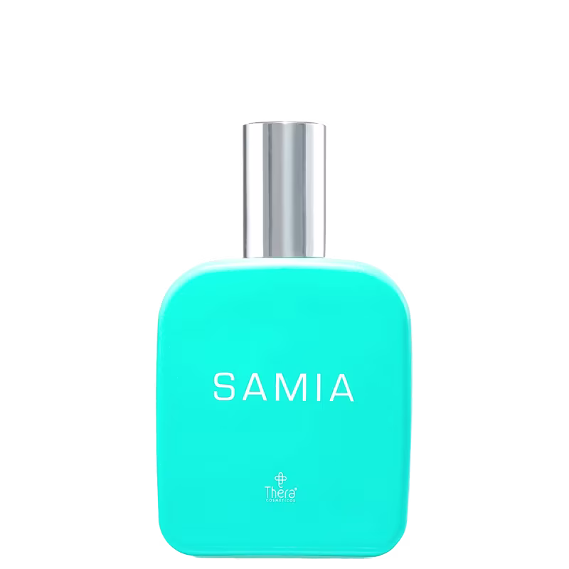Perfume em frasco azul turquesa com tampa prateada. Na frente do frasco, está impresso em letras brancas maiúsculas o nome "SAMIA". Na parte inferior, está o logotipo da marca Thera Cosméticos.