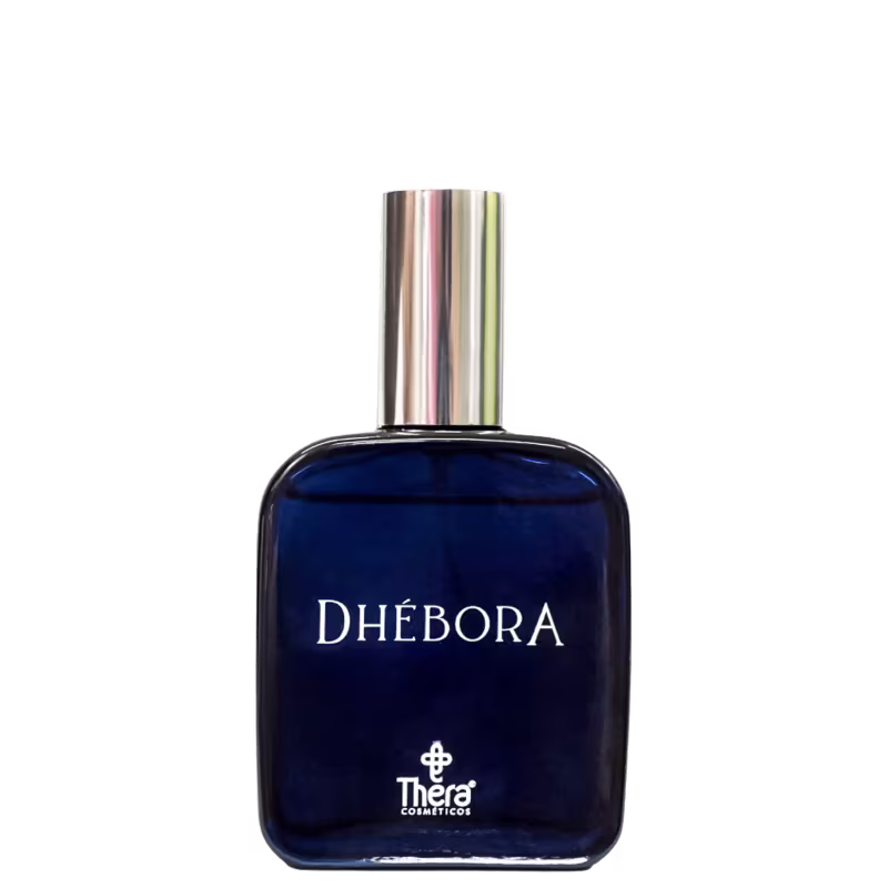 Perfume em frasco de vidro azul escuro com tampa metálica prateada. O frasco apresenta o nome "Dhébora" em letras brancas na parte frontal, abaixo o logotipo da marca Thera Cosméticos.