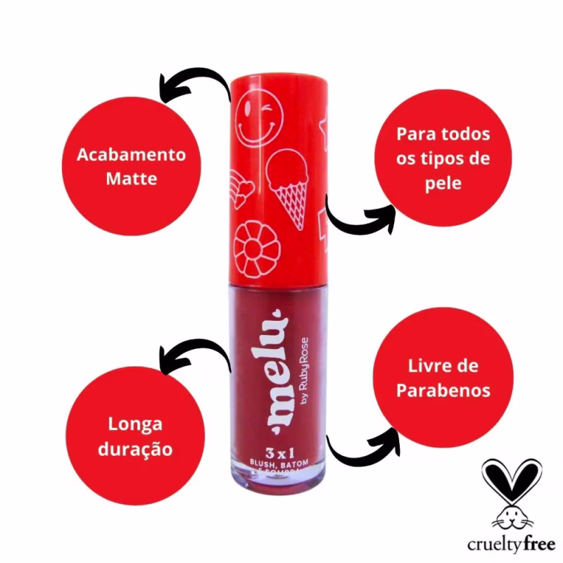 Blush, baton e sombra 3 em 1 da marca Ruby Rose. A embalagem é um tubo vermelho com ilustrações de sorvete, flores e um rosto sorridente. O rótulo indica que o produto possui acabamento matte, longa duração e é livre de parabenos.