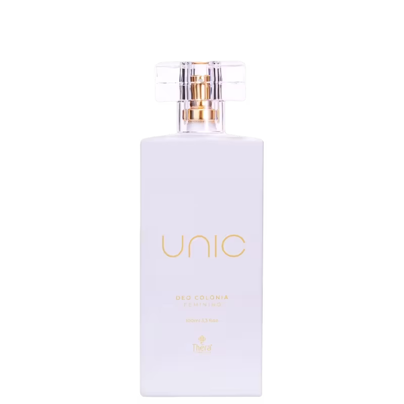 Perfume em frasco retangular de vidro branco fosco. Traz o nome "Unic" em letras douradas maiúsculas. Abaixo, texto "Deo Colônia Feminino" em letras menores. Na parte inferior, logotipo "Thera" em dourado.