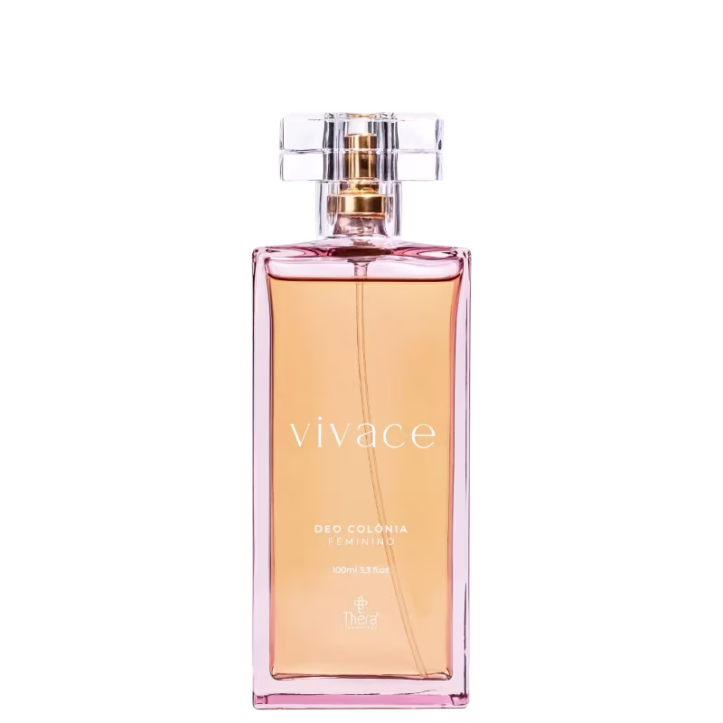 Perfume feminino em frasco retangular de vidro transparente. O líquido tem uma cor rosada. A embalagem apresenta o nome "Vivace" em letras douradas na parte frontal. Na parte inferior, está escrito "Deo Colônia Feminino" e "100ml 3.4 fl.oz".