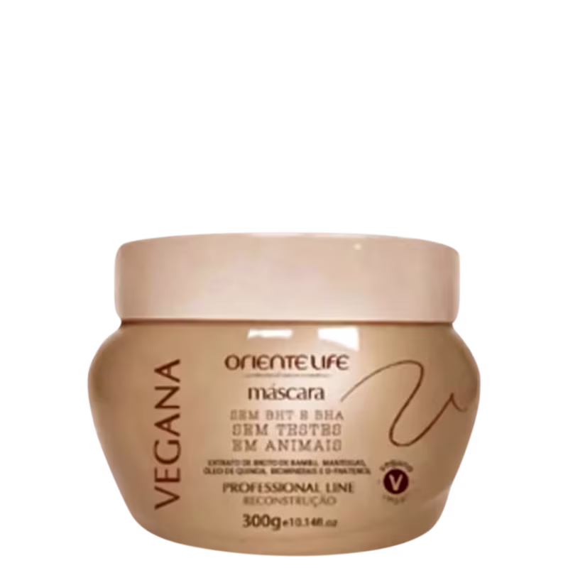 A imagem mostra um pote de máscara capilar cor bege de 300g.