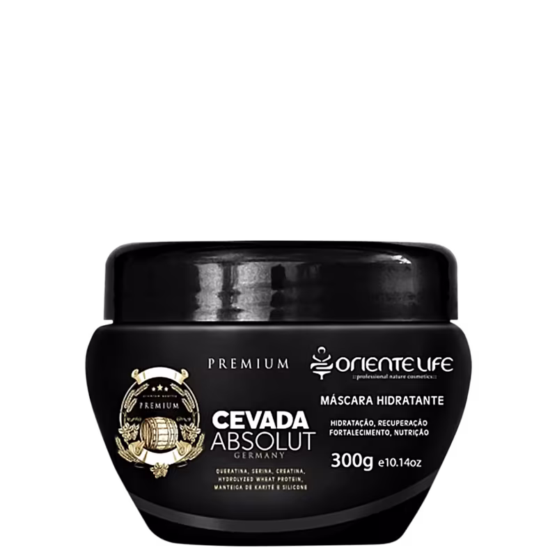 A imagem mostra um pote preto de máscara capilar com tampa preta e informações escrito em branco.