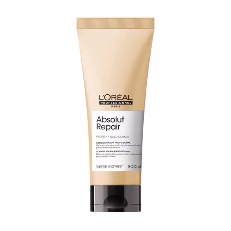 É um condicionador profissional da linha Absolut Repair da L'Oréal Professionnel. O produto vem em um tubo plástico bege com detalhes pretos na parte inferior. O rótulo indica que contém proteína e quinoa dourada.