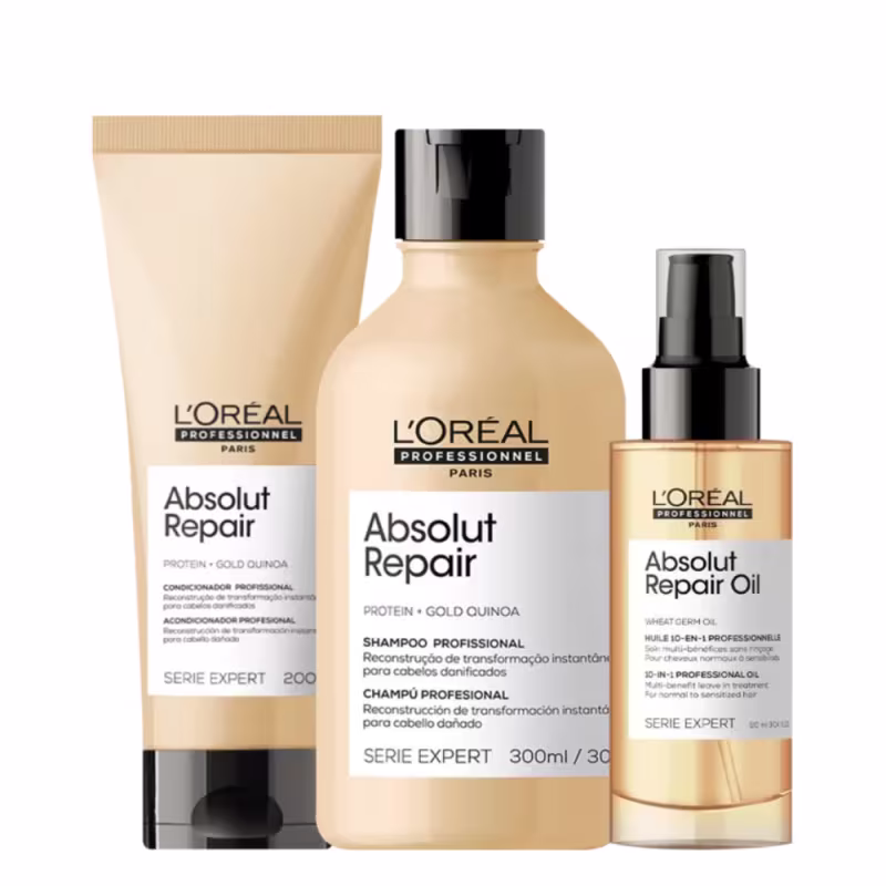 A imagem mostra 3 produtos da linha Absolut Repair da L'Oréal Professionnel. O primeiro é um condicionador em uma embalagem tubular. O segundo é um shampoo em uma garrafa plástica e o terceiro é um óleo reparador. Ambos são cor amarelo claro e tampa preta