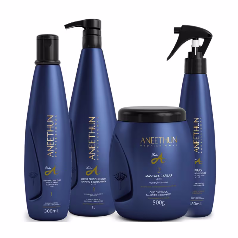 Kit Aneethun Linha A Shampoo 300ml, Creme de Silicone 1L, Máscara Capilar 500g, Spray Multibenefícios 150ml