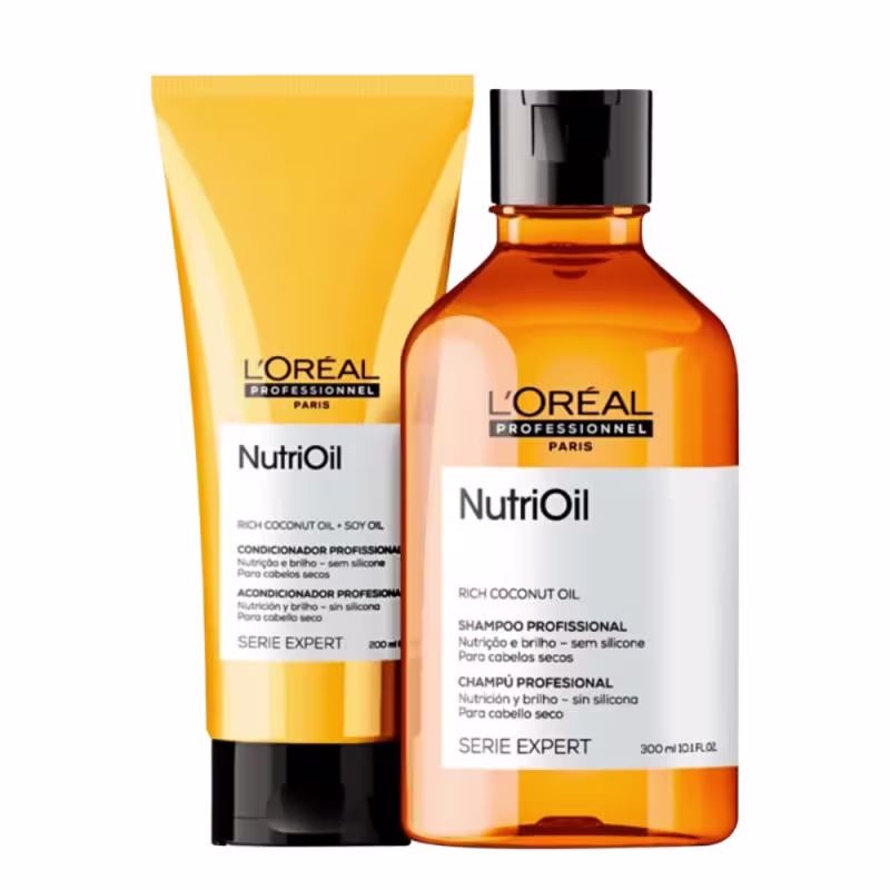 A imagem mostra dois produtos de cuidado capilar da linha NutriOil da L'Oréal Professionnel. Um é um shampoo em um frasco plástico transparente âmbar. O outro é um condicionador em uma embalagem plástica amarela opaca.