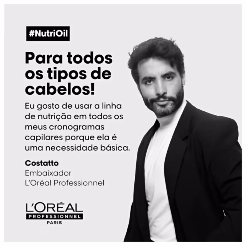 Esta é uma propaganda da linha de produtos NutriOil da L'Oréal Professionnel. A imagem mostra um homem de  barba e cabelos escuros, vestindo um terno preto com uma camisa branca. Ele é Embaixador da L'Oréal Professionnel, ao lado texto destaca benefícios.