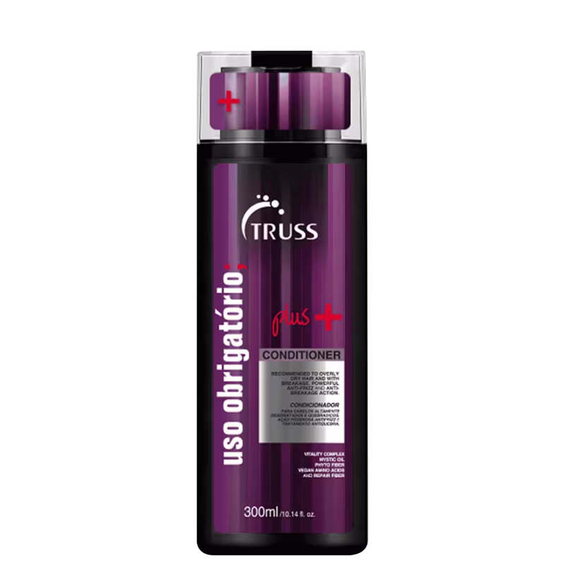A imagem mostra um frasco de 300ml roxo de shampoo da marca TRUSS.