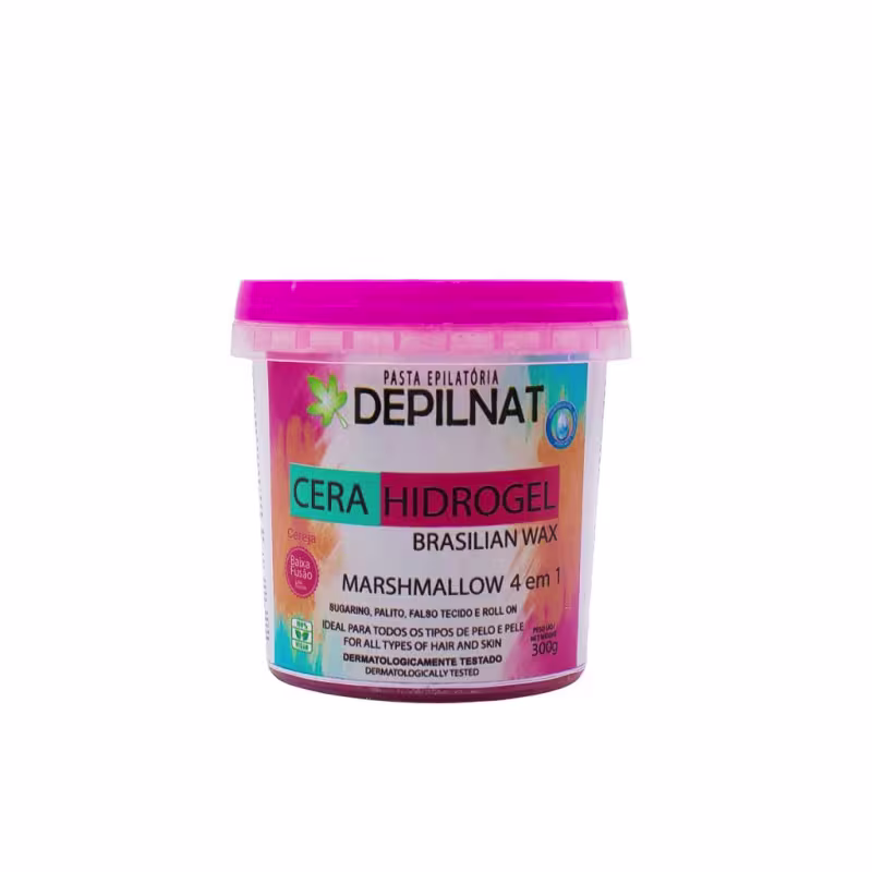 Cera hidrogel para depilação da marca Depilnat. Embalagem plástica transparente com tampa rosa vibrante. Rótulo com o nome do produto "Cera Hidrogel Brazilian Wax Marshmallow 4 em 1" em português e inglês.