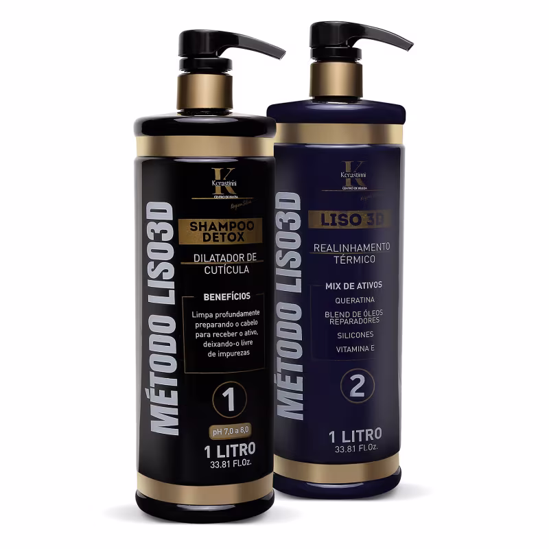 Dois frascos de plástico pretos com detalhes em dourado, contendo produtos para cabelo da marca Kerastinni. O frasco à esquerda é o Shampoo Detox. O frasco à direita é a Escova Progressiva.