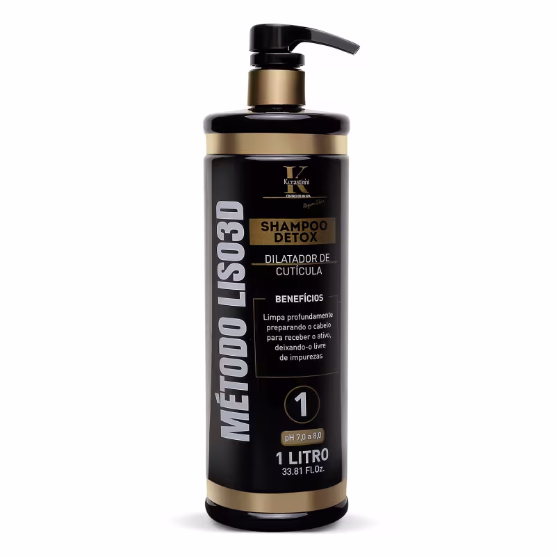 Shampoo detox dilatador de cutícula da marca Kerastinni. Embalagem preta e dourada com bomba doseadora. Rótulo preto com detalhes em dourado, exibindo o nome do produto "Shampoo Detox", benefícios como limpeza profunda e remoção de impurezas.