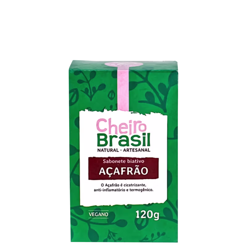 Sabonete biativo de açafrão da marca Cheiro Brasil. Embalagem retangular verde com estampas de folhagens. Descrição "O Açafrão é cicatrizante, anti-inflamatório e termogênico". Nas laterais, informações como "Natural, Artesanal" e "Vegano 120g".