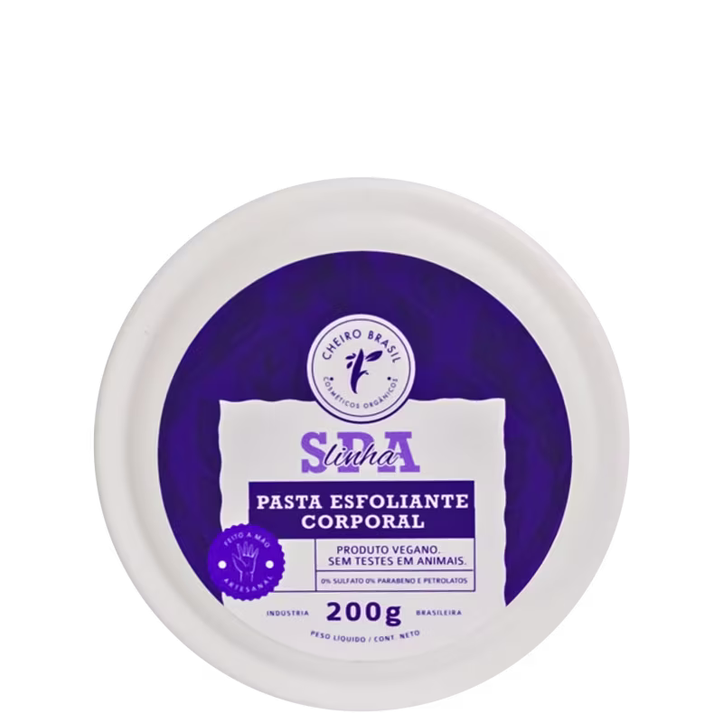 Pasta esfoliante corporal, produto vegano sem testes em animais. Embalagem redonda branca com detalhes em roxo. Rótulo com o logotipo da marca Cheiro Brasil e informações como peso líquido de 200g
