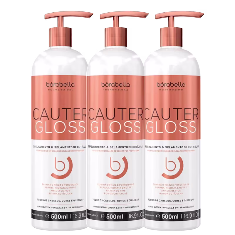 São três frascos de 500ml cada, com bombas doseadoras na cor cobre. Os frascos têm rótulos com o nome da linha e informações sobre os benefícios do produto, como eliminar frizz, hidratar e nutrir os fios, além de tratar as cutículas.