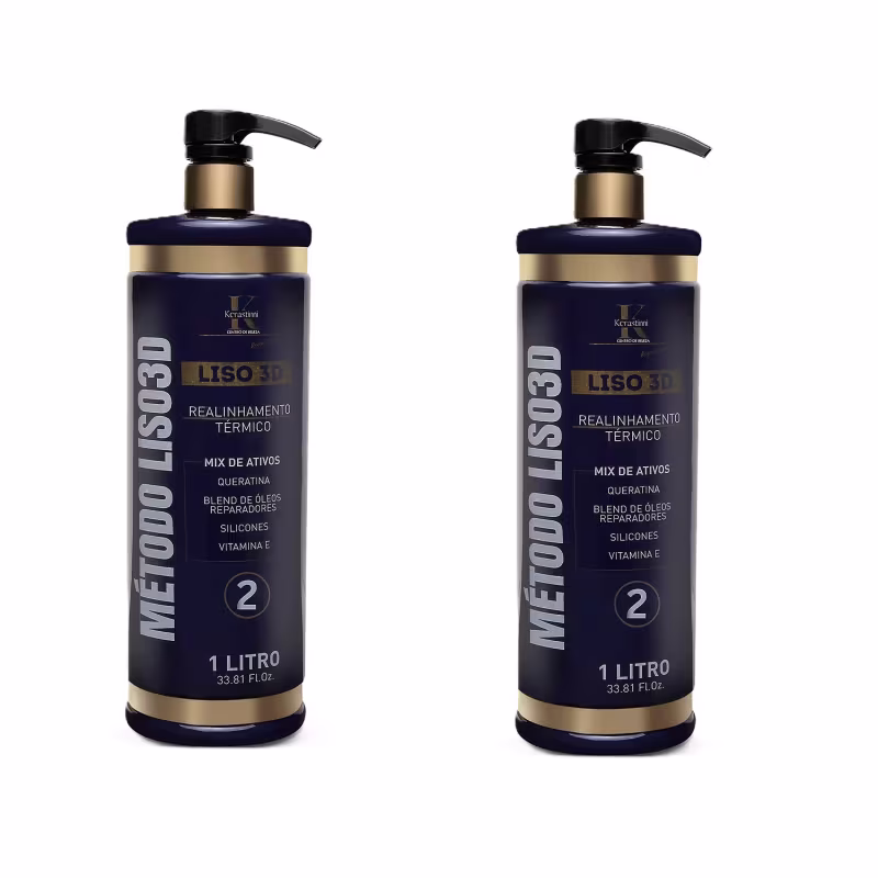 O produto apresentado é um tratamento capilar da linha Liso 3D da marca Kerastinni. Vem em um frasco plástico transparente de 1 litro com detalhes em dourado e preto. O frasco tem uma bomba dosadora preta na parte superior.