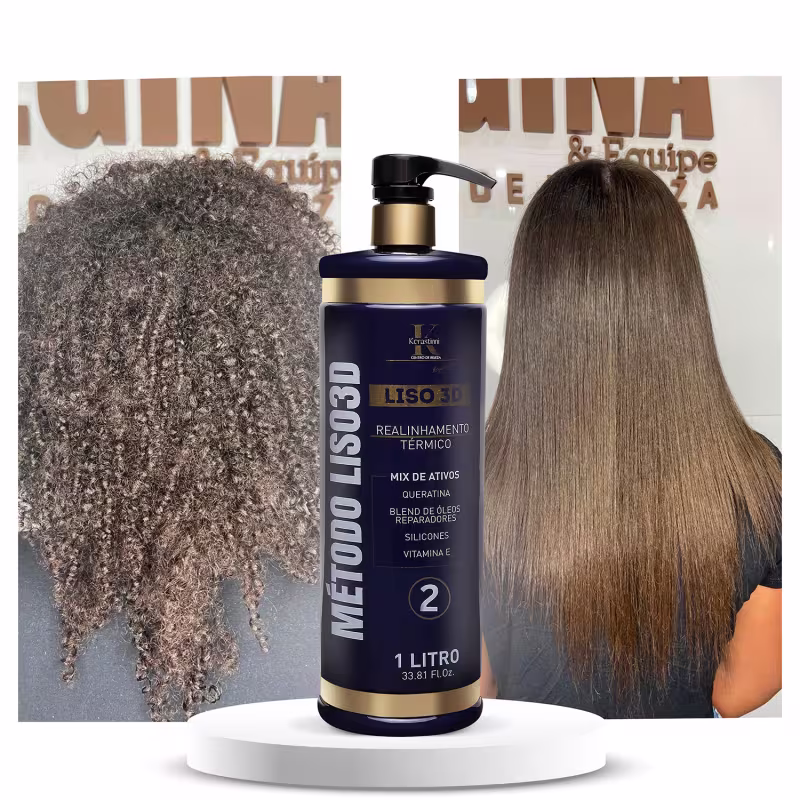 O produto apresentado é um realinhamento térmico para cabelos da linha Kerastase. É um frasco plástico azul marinho com detalhes dourados, contendo 1 litro do produto. A embalagem exibe o nome "Liso 3D Método Liso 2" e informações.