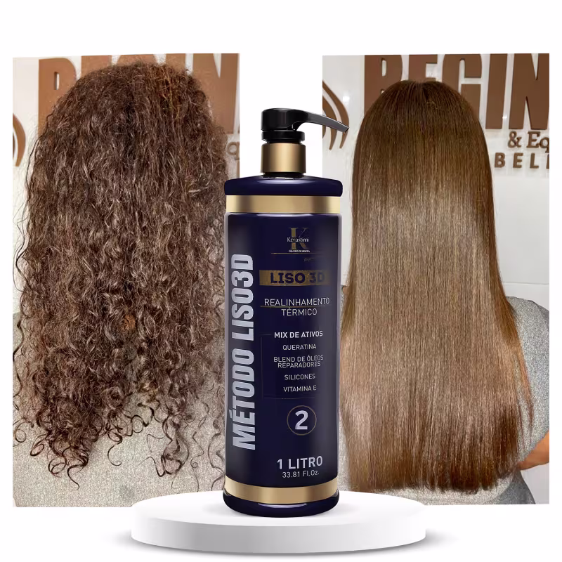 O produto apresentado é um realinhamento térmico para cabelos da linha Kerastase. É um frasco plástico azul marinho com detalhes dourados, contendo 1 litro do produto. A embalagem exibe o nome "Liso 3D Método Liso 2" e informações.