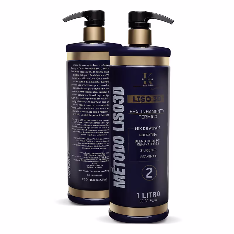 Produto de tratamento capilar Kerastinni Método Liso 3D. Rótulo com texto descrevendo os ingredientes: "Mix de Ativos, Queratina, Blend de Óleos Reparadores, Silicones, Vitamina E".