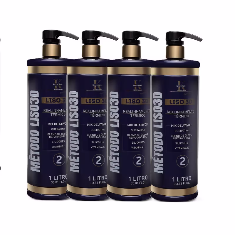 São quatro frascos de plástico grandes de 1 litro cada, contendo um produto de tratamento capilar da marca Kerastinni. Os frascos têm uma cor azul marinho com detalhes em dourado. Possuem bombas dosadoras pretas na parte superior.