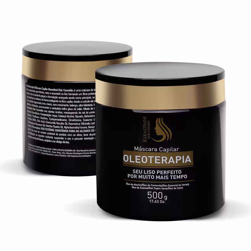São dois potes de máscara capilar da linha Oleoterapia da marca Kerastinni. Os potes são pretos com detalhes dourados na parte superior e inferior. Possuem formato cilíndrico e tampa preta.