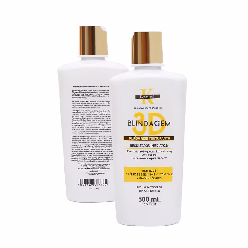 Dois frascos de plástico brancos de 500ml contendo um fluido reestruturante para cabelos chamado "Blindagem 3D" da marca Kerastinni.