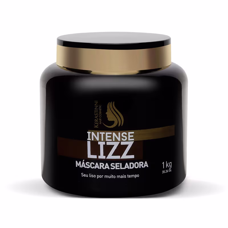 Produto de tratamento capilar Intense Lizz da marca Kerastinni. Máscara seladora em embalagem preta brilhante de 1kg com tampa dourada. Rótulo preto com texto "Intense Lizz Máscara Seladora" em letras brancas e detalhes dourados.