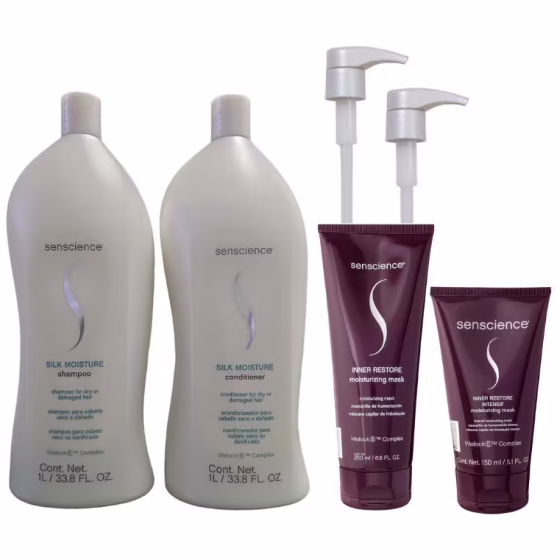 Kit Senscience Silk Moisture Shampoo e Condicionador 1L + Máscaras Inner intensif 150ml e Inner Restore 200ml + 2 Válvulas Pump