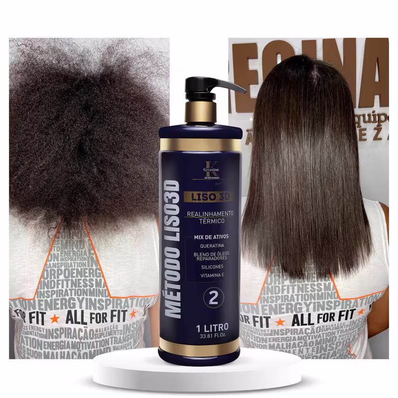 O produto apresentado é um tratamento capilar da linha Liso 3D da marca Kerastinni. Vem em um frasco plástico transparente de 1 litro com detalhes em dourado e preto. O frasco tem uma bomba dosadora preta na parte superior.
