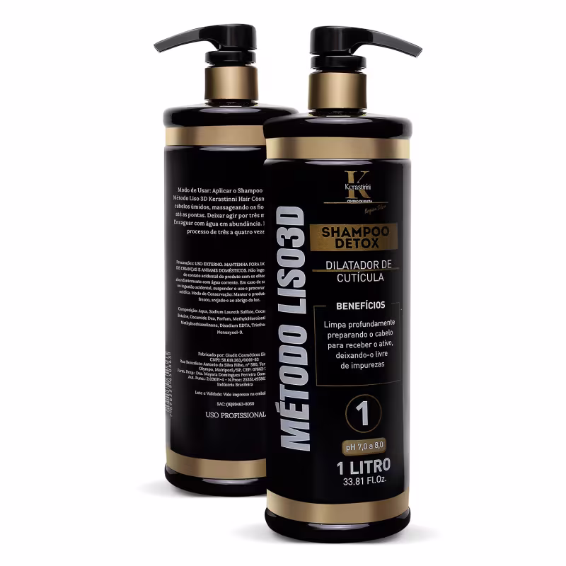 Dois frascos de shampoo Kerastinni Detox, com embalagens plásticas pretas e detalhes dourados. Os frascos têm formato cilíndrico e bomba dosadora na parte superior. As embalagens apresentam o nome do produto "Shampoo Detox Dilatador de Cutícula".