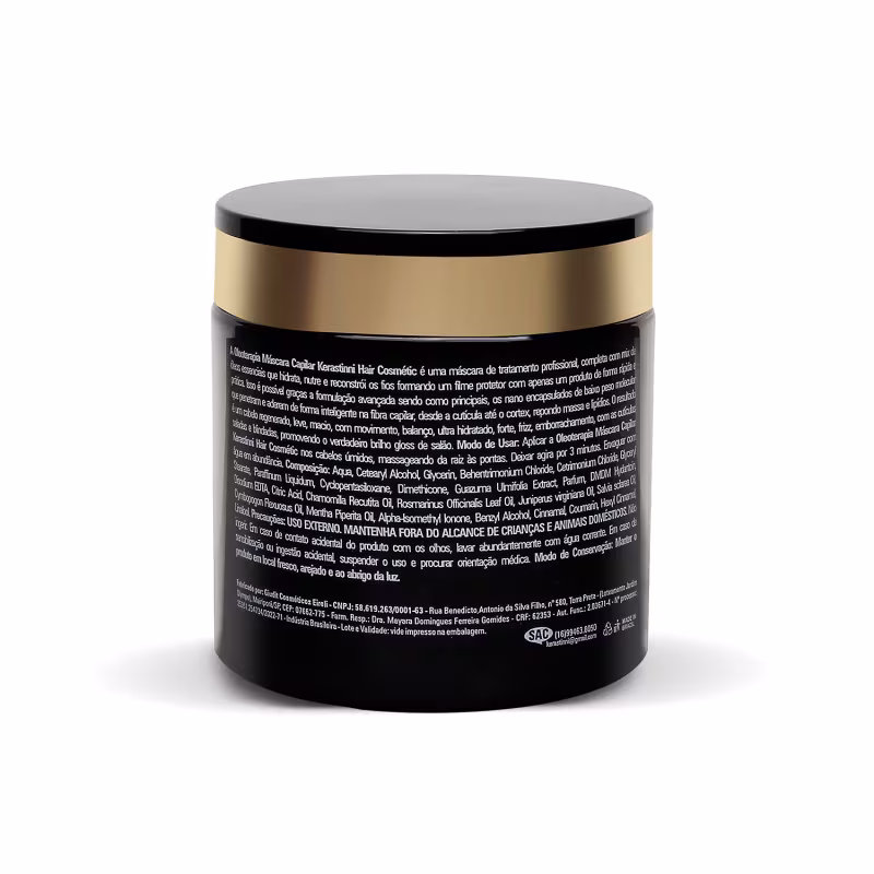 Este é um produto de oleoterapia capilar da marca Kerastinni. É uma máscara capilar que vem em um pote preto com detalhes dourados. O pote tem uma tampa preta com uma faixa dourada na parte superior.