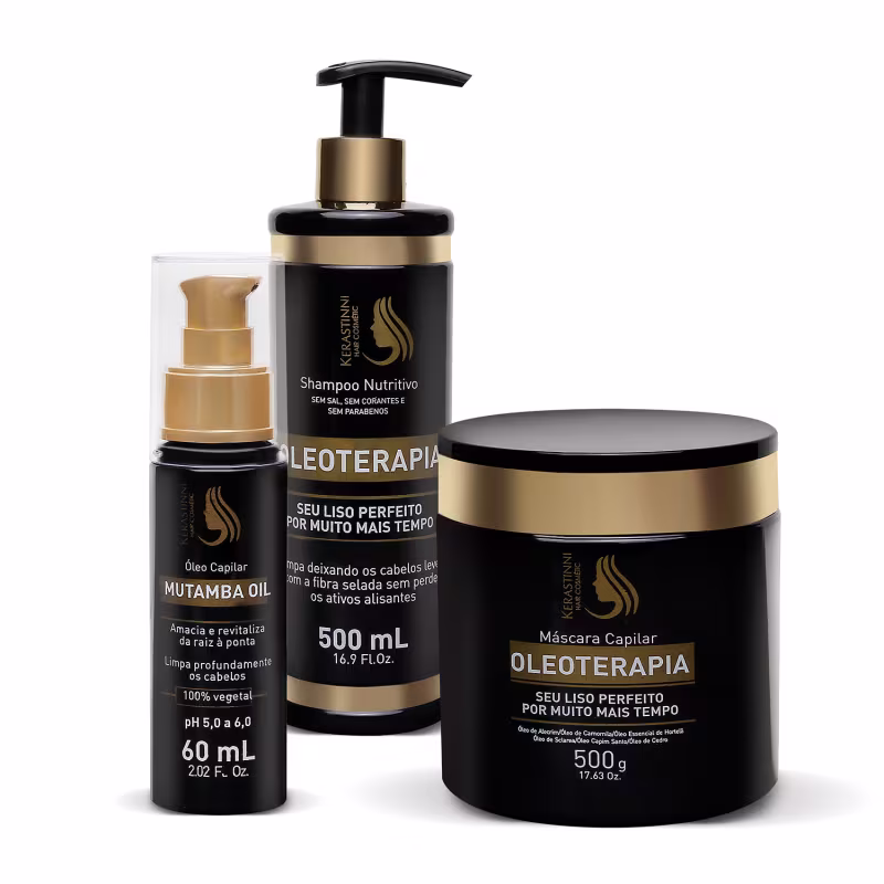A imagem mostra três produtos de cuidados capilares da marca Kerastinni. O primeiro é um shampoo nutritivo, o segundo é um óleo capilar e o terceiro produto é uma máscara capilar em um pote preto com detalhes dourados.