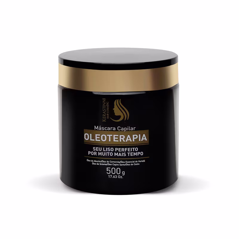 Este é um produto de oleoterapia capilar da marca Kerastinni. É uma máscara capilar que vem em um pote preto com detalhes dourados. O pote tem uma tampa preta com uma faixa dourada na parte superior.