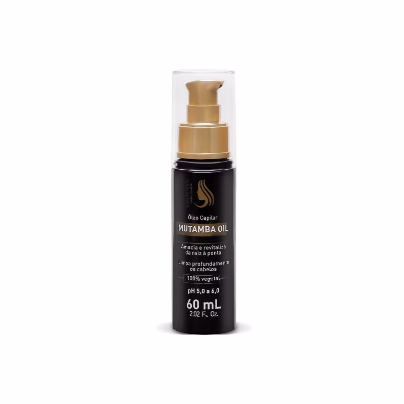 É um frasco plástico preto contendo um óleo capilar chamado Mutamba Oil. O frasco tem 60ml de capacidade e uma tampa dourada. O rótulo preto indica que é um produto 100% vegetal,.