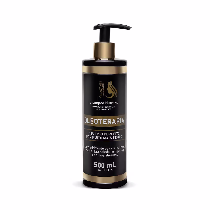 É um shampoo nutritivo da marca Kerastinni. O produto vem em uma embalagem plástica preta com detalhes dourados. A embalagem tem um formato cilíndrico com um dispensador bomba na parte superior.