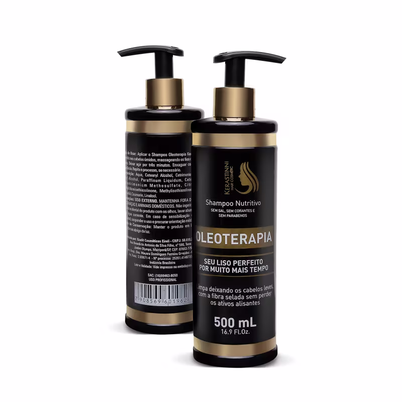 São dois frascos de shampoo da marca Kerastinni. Os frascos têm formato cilíndrico com bombas dosadoras pretas na parte superior. A embalagem é predominantemente preta com detalhes em dourado.