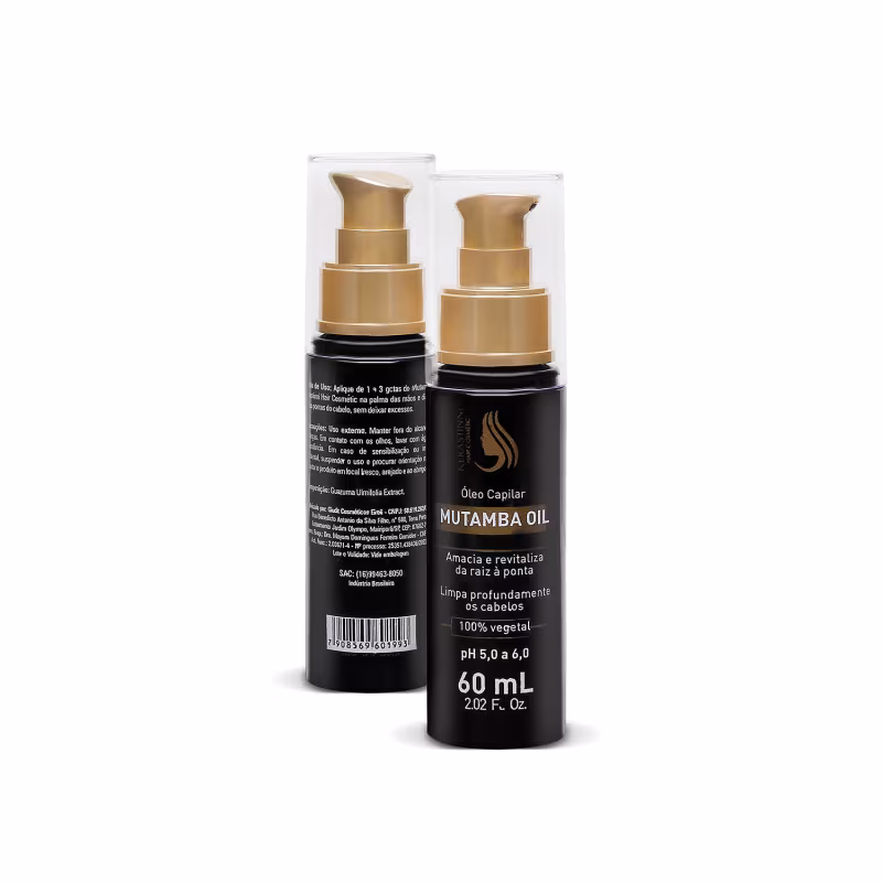 São dois frascos de óleo capilar Mutamba Oil da marca Kerastinni. Os frascos têm formato cilíndrico com bombas dosadoras douradas no topo.