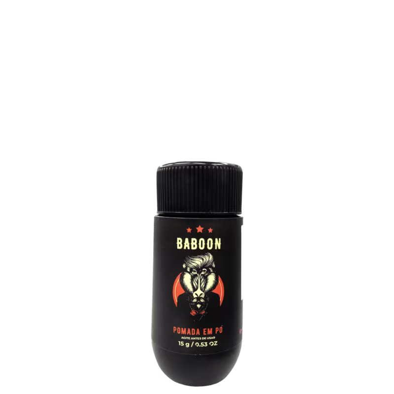 Pomada em pó da marca Baboon. Rótulo preto com imagem de um babuíno estilizado em branco e detalhes em vermelho. Texto "Baboon" em letras douradas, com três estrelas douradas. Informações do produto "Pomada em Pó" e peso líquido "15g / 0.53oz"
