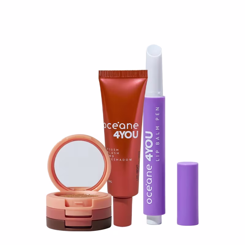 Kit Océane 4you Trio de Sombras Cooper Shine Hidratante Labial Clear e Blush Líquido Laranja (3 Produtos)