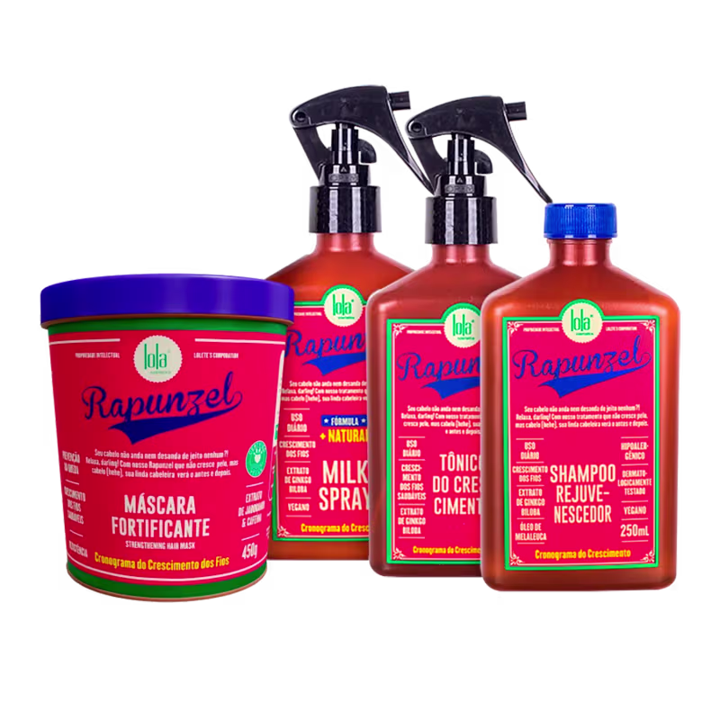 A imagem mostra 4 produtos de Lola From Rio Rapunzel. Todos têm cor marrom com rótulo vermelho com detalhes em azul, verde e amarelo. Um shampoo com frasco retangular, leave-in e tônico com frascos retangulares e tampa spray e um pote redondo de máscara.