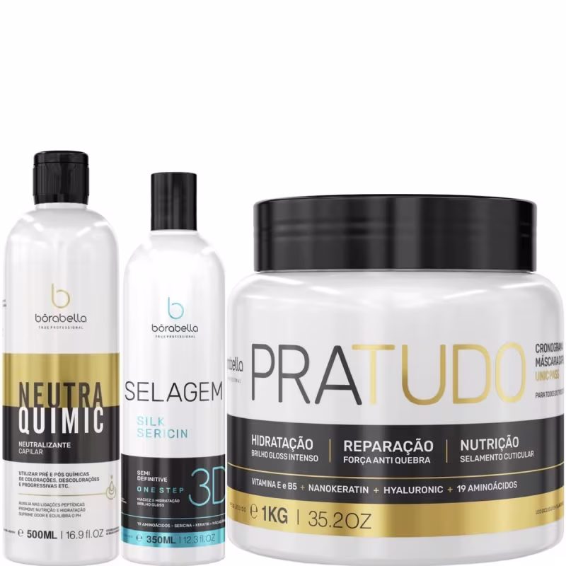 Kit Borabella com Neutralizante NeutraQuimic 500ml + Selagem Térmica 350ml + Máscara Capilar Pratudo 1kg
