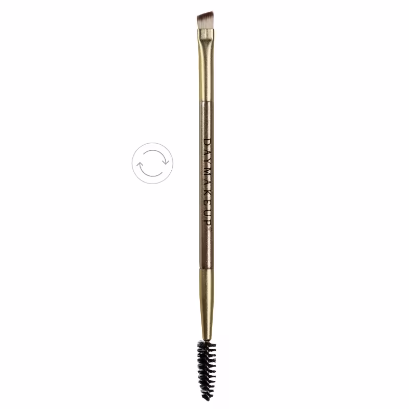 A imagem mostra um pincel de cabo dourado, marca escrito em preto e cerdas brancas com pontas escuras. E na outra ponta, cerdas pretas ideal para sobrancelhas.