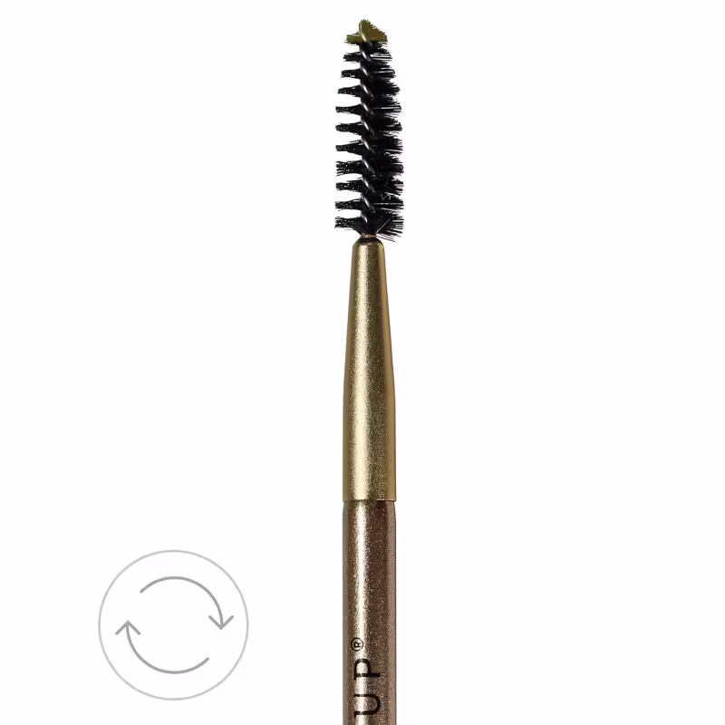 A imagem mostra um pincel de cabo dourado, marca escrito em preto e cerdas pretas, ideal para sobrancelhas.