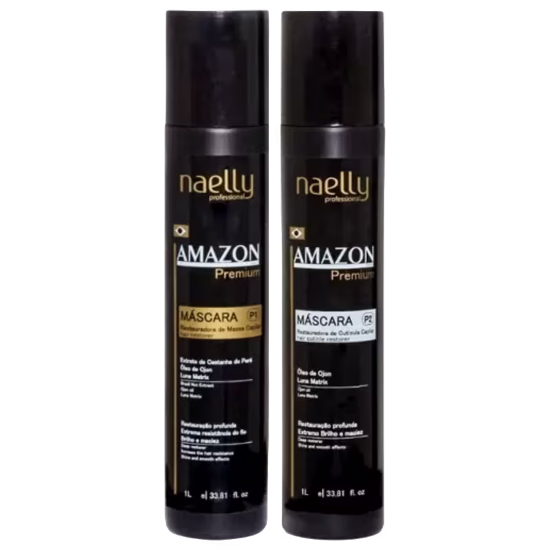 Dois frascos pretos de plástico de 1 litro cada, contendo produtos da linha Amazon Premium da marca Naelly ST Professional: duas máscaras de realinhamento capilar P1 e P2.