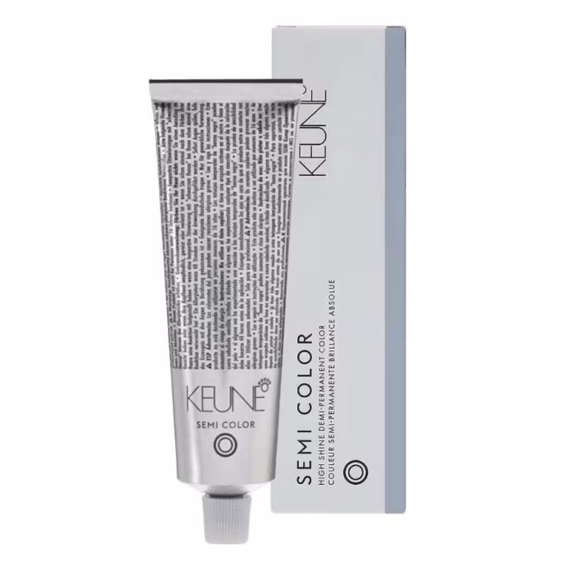 Tubo de tinta para cabelo da marca Keune, na cor cinza e branco, com rótulo indicando "Semi Color". O produto é apresentado em uma embalagem retangular cinza.