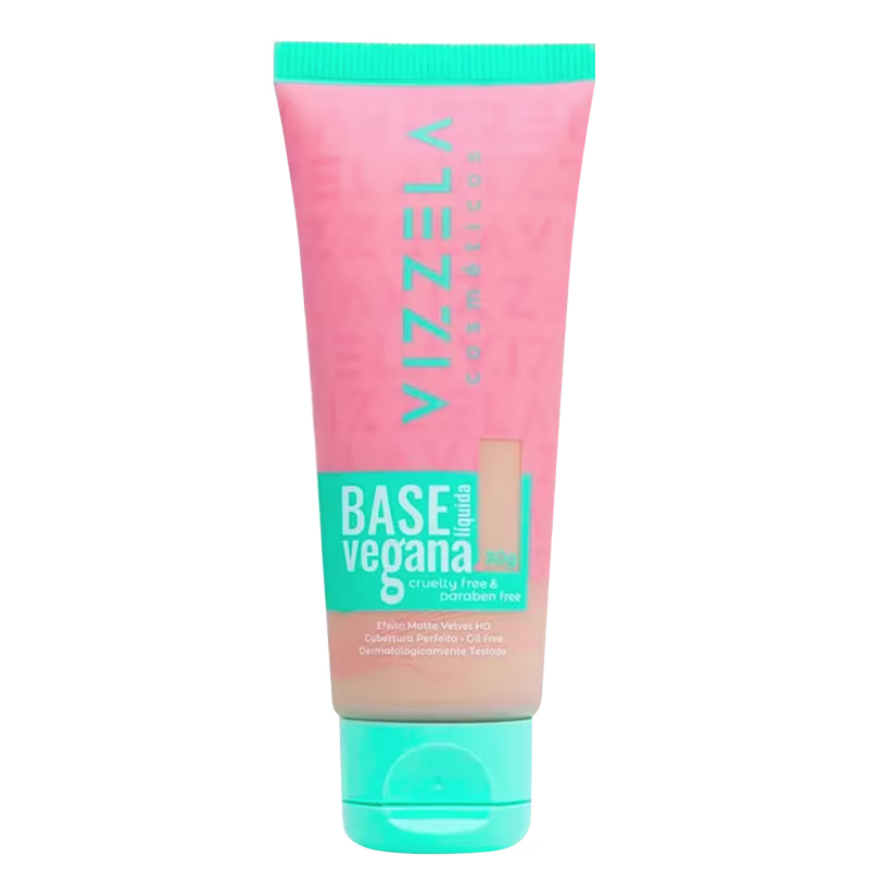 Tubo rosa e azul-turquesa de base vegana da marca Vizel, com rótulo indicando ser livre de crueldade e parabenos, com textura aveludada e dermatologicamente testado.