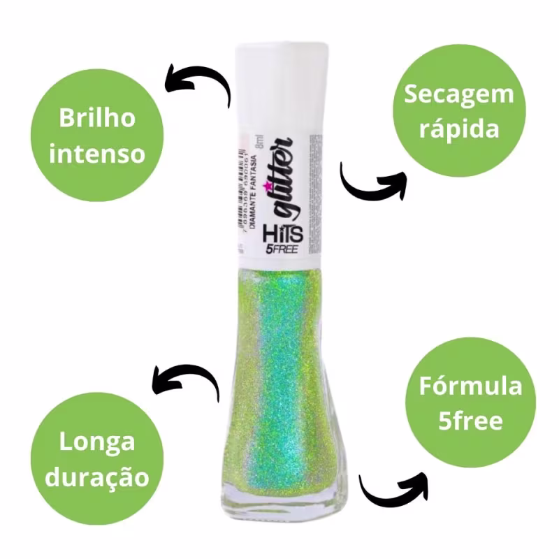 Frasco de esmalte de unhas com glitter multicolorido brilhante em tons de verde, azul e amarelo. Embalagem transparente de plástico cilíndrica. Rótulo branco com o logotipo "Hits" e texto "6Free" em preto.